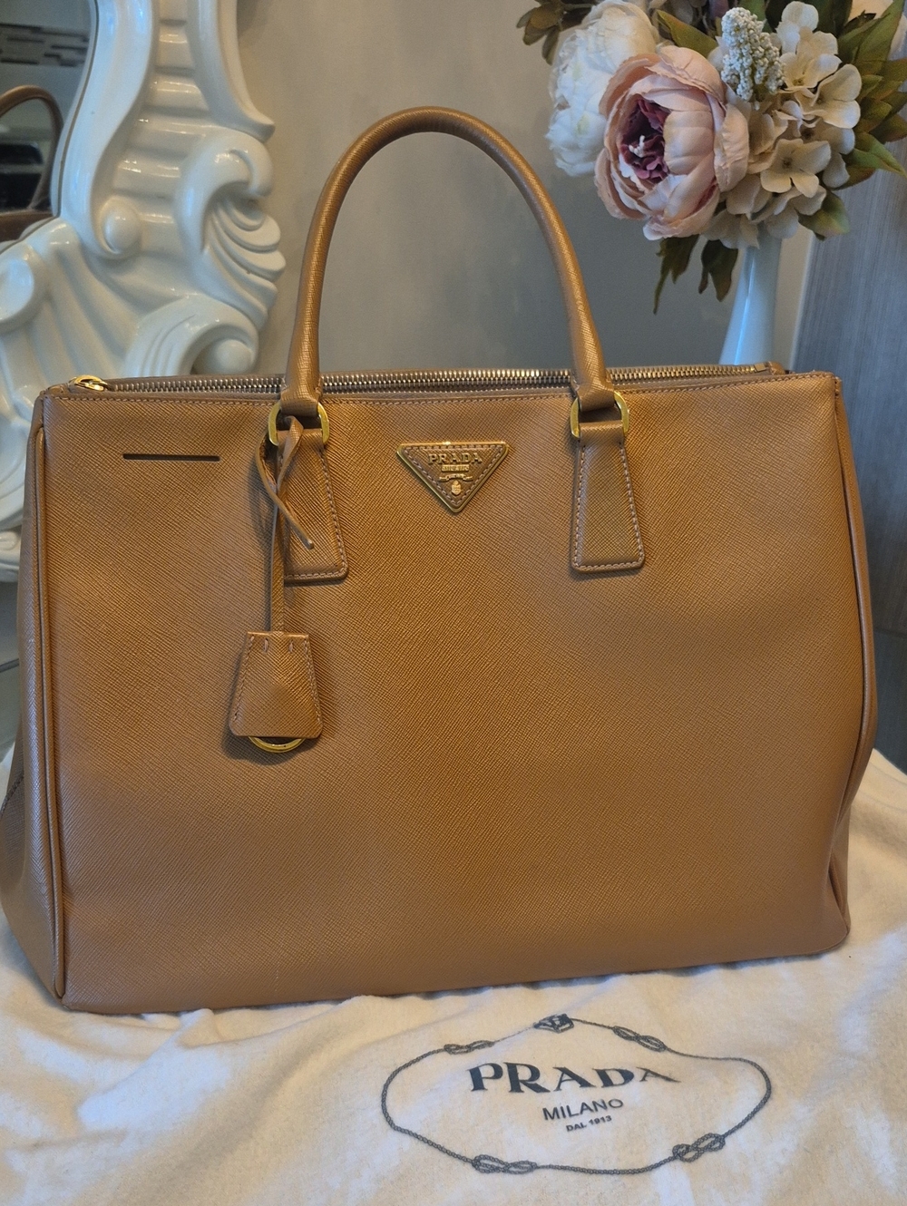 Prada Saffiano Leather Satchel in Camel Brown
